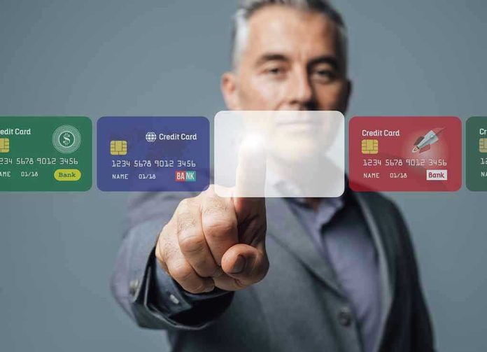 Man interacting with virtual credit card interface