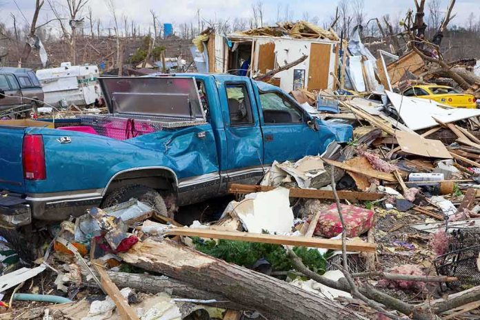 A blue truck surrounded by debris and destruction from a natural disaster