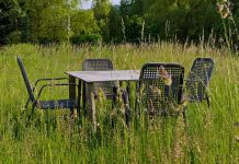 A rustic table and chairs set in a grassy field surrounded by nature