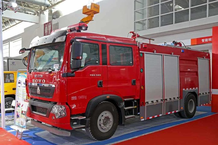 Red fire truck displayed at an exhibition