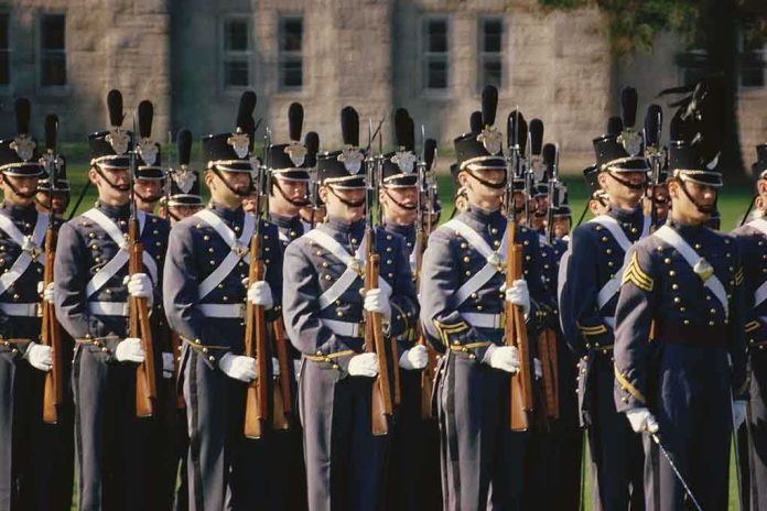 Uniformed soldiers in formation during a military parade