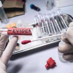 Gloved hands holding evidence swab in laboratory.