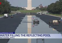 Blue Lincoln Pool Sparks DC Meltdown Lincoln Memorial Reflecting Pool fills with water after work, repainting