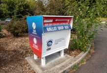 Ballot drop box in a parking lot