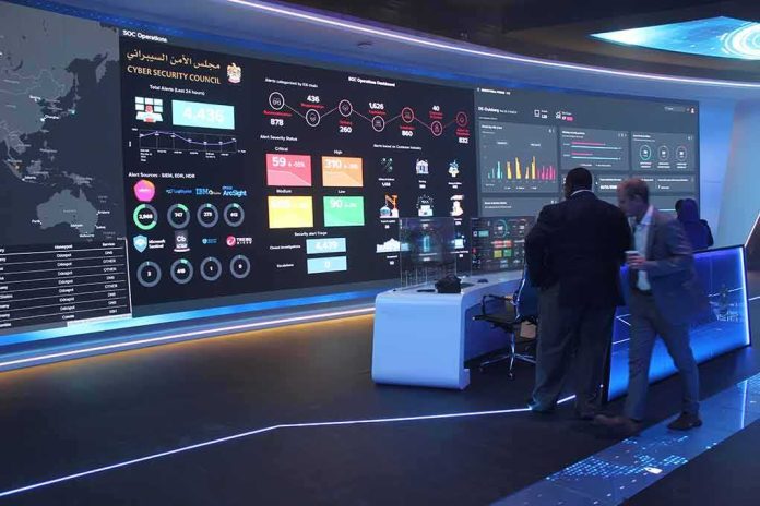 shutterstock_2277395583 cybersecurity operations room with large data dashboards and people discussing