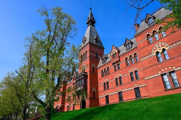 Historic red brick building with tower on a sunny day