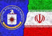 Biblical Land Claim Rattles Arab Capitals CIA emblem alongside the flag of Iran, divided by a textured background