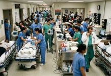 Busy hospital emergency room with medical staff attending to patients