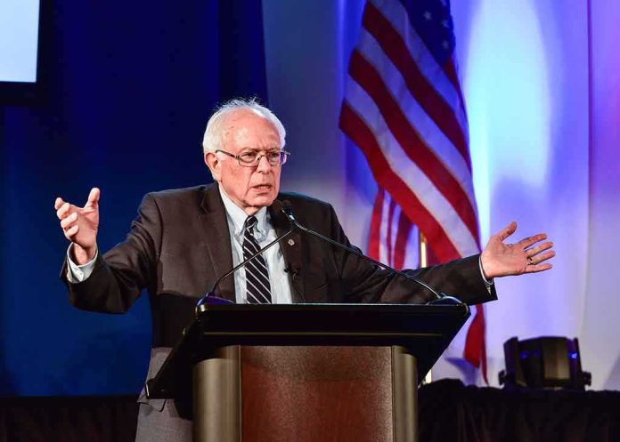 elderly man speaking at a podium with arms outstretched