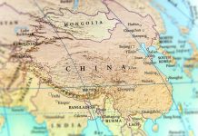 Map of China and surrounding countries in East and South Asia
