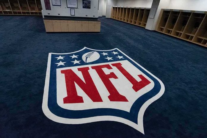 NFL logo on the floor of an empty locker room