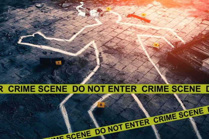 crime scene outline on tiled floor with evidence markers and tape