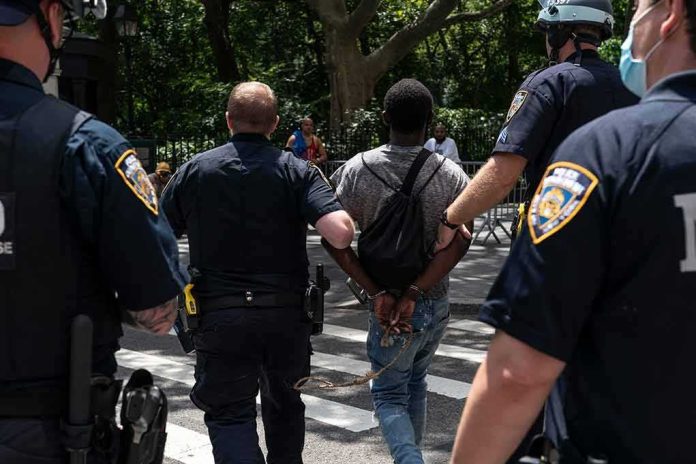 shutterstock_1777046294 Police escort a handcuffed man across a city street