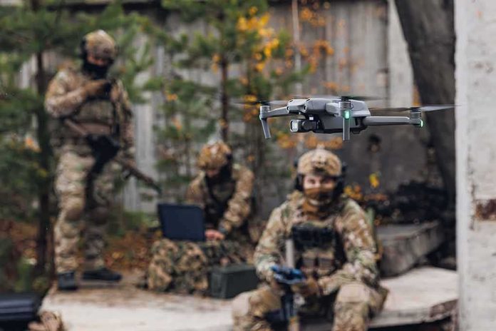 shutterstock_2220675111 Quadcopter drone flying near camouflaged soldiers outdoors