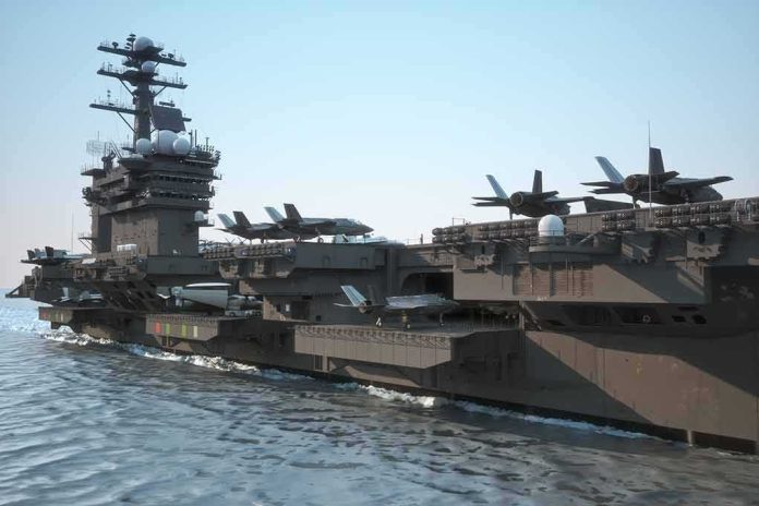 Aircraft carrier at sea with fighter jets on deck