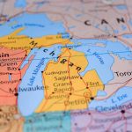 Trump Renames A Great Lake Close-up of a map highlighting Michigan and the Great Lakes