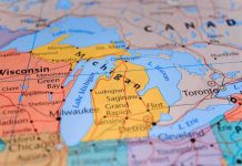 Close-up of a map highlighting Michigan and the Great Lakes