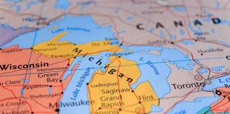 Trump Renames A Great Lake Close-up of a map highlighting Michigan and the Great Lakes