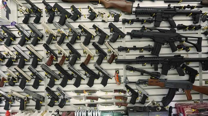 Wall display with handguns and rifles for sale.