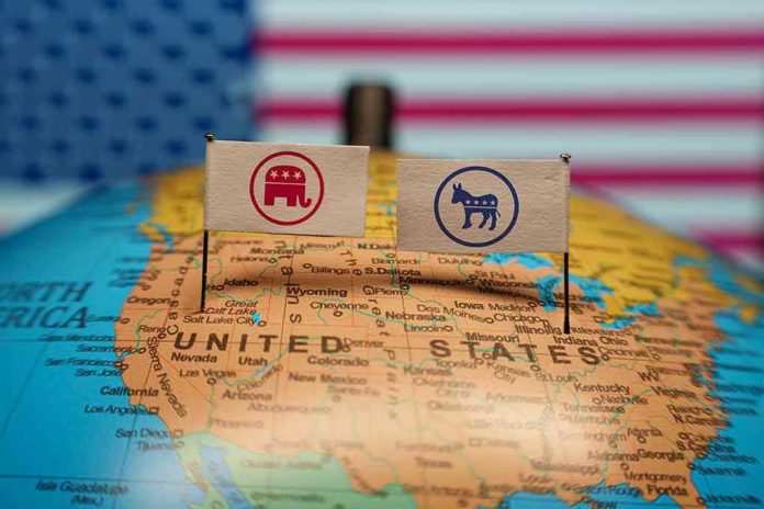 2428155117 Republican and Democratic flags on USA map background.