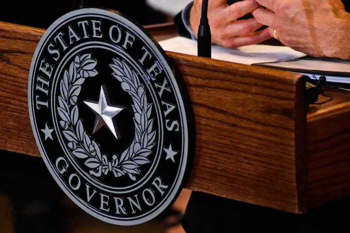 Texas governor seal on wooden podium
