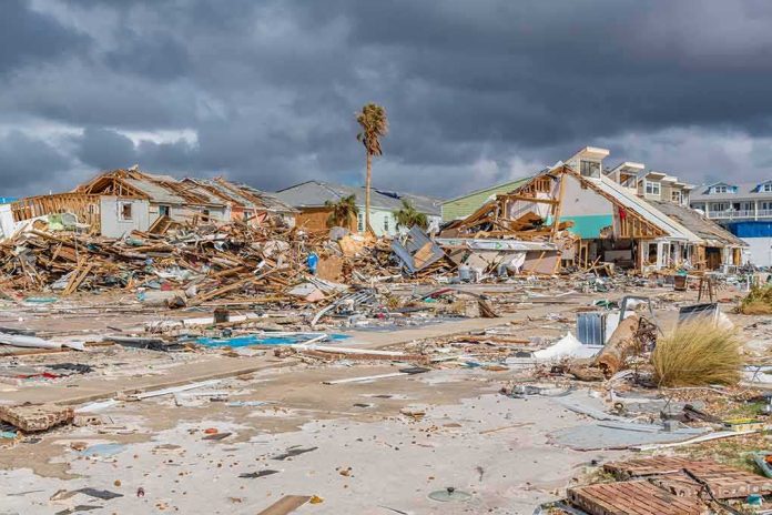 storm-damaged coastal neighborhood with demolished houses