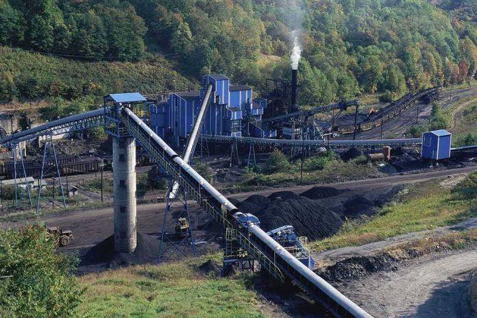 Coal processing plant with conveyor belts in a forested valley