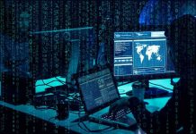 cybersecurity analysts at workstations with code and world map on screens