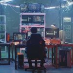 People working at computers in a dim server room