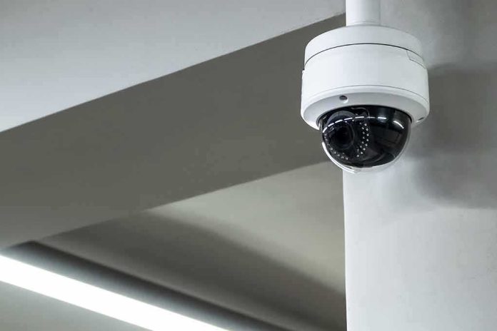 Dome security camera mounted on a ceiling corner