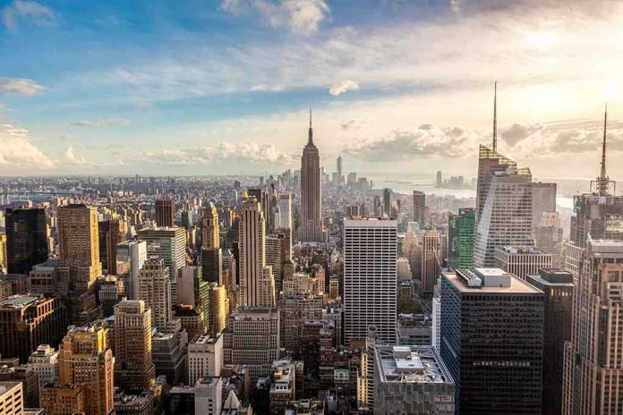 shutterstock_170076830-1 Aerial view of New York City skyline featuring the Empire State Building at sunset