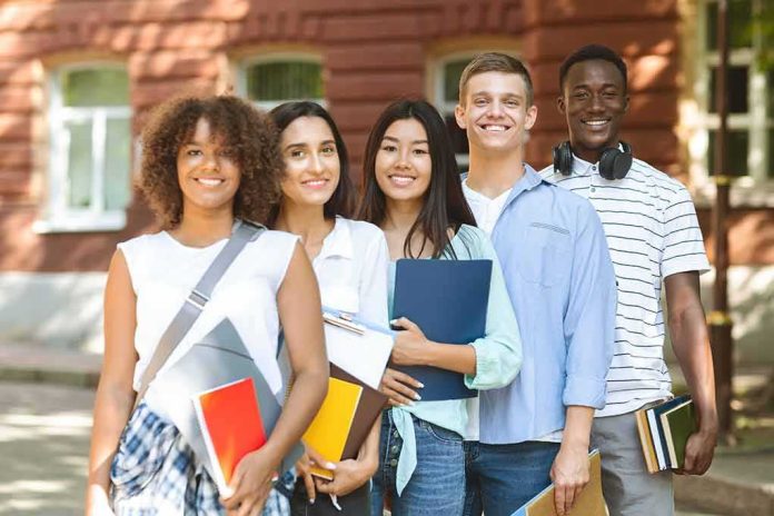 Group of students standing outside a campus building
