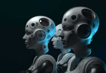 row of humanoid robots with mechanical heads in profile