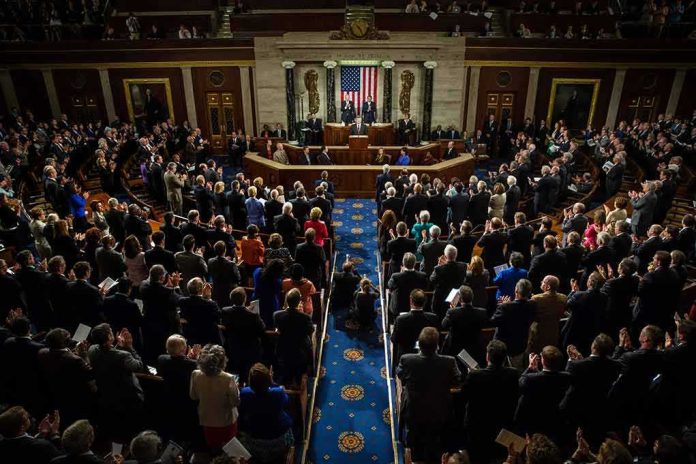 Legislative chamber audience stands and applauds