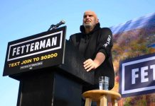 Report Reveals Dems’ Plot to Take Out Fetterman Speaker at outdoor rally standing at podium with microphone