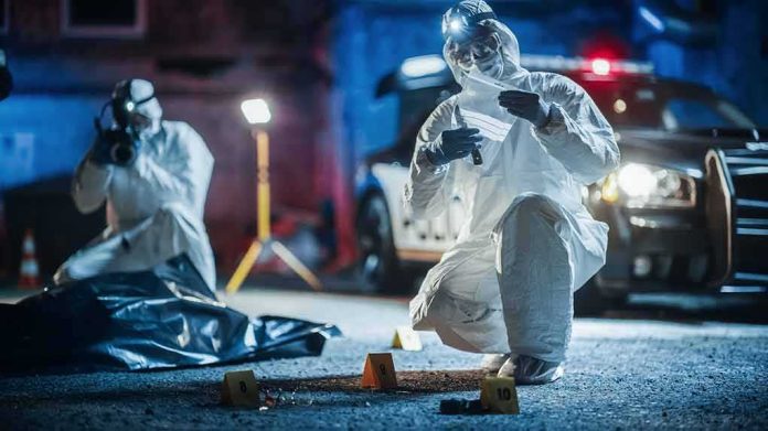 forensic investigators at nighttime crime scene