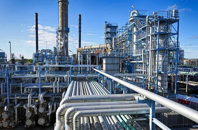 Industrial refinery with pipelines and distillation towers under blue sky