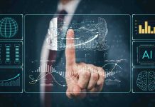 Businessperson touching virtual AI and data analytics interface