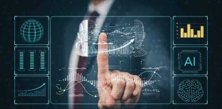 Businessperson touching virtual AI and data analytics interface