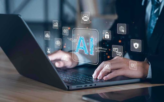 shutterstock_2284088327-1 Hands typing on laptop with AI and tech icons overlay