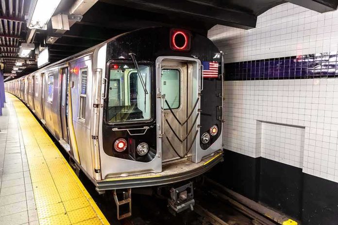 shutterstock_2309941761 Subway train stopped at an underground station platform