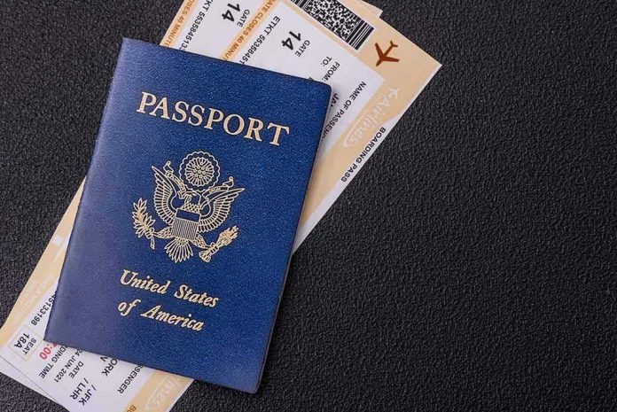 US passport with boarding passes on a dark surface