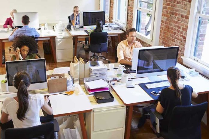Open-plan office with employees working at desks