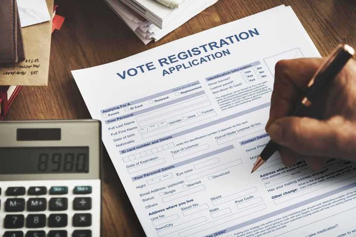 shutterstock_494234497 Person filling out a voter registration application form
