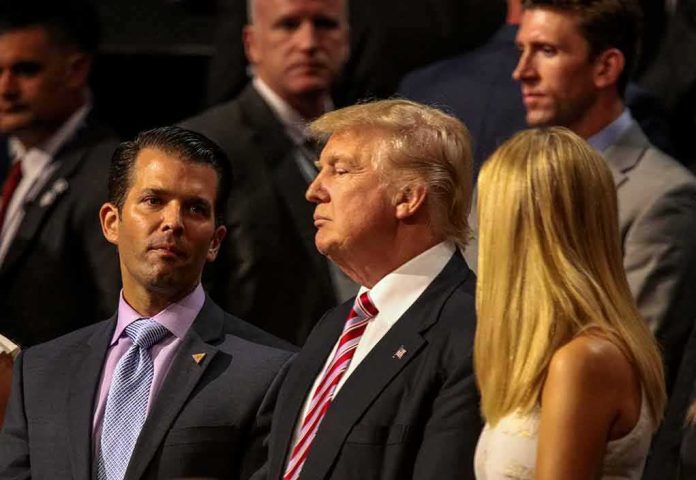 shutterstock_794567770 Donald Trump Jr. and Donald Trump standing among a crowd at an event
