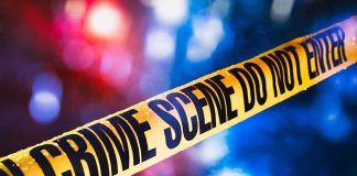 Fashion Power Couple Found SHOT DEAD yellow crime scene tape with blurred police lights