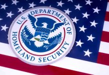 U.S. Department of Homeland Security seal on American flag