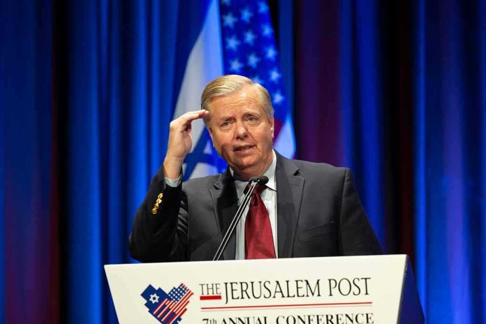 Lindsey Graham speaking at a podium during a conference