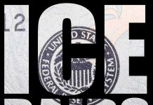 Bold black text over close-up of U.S. currency seal