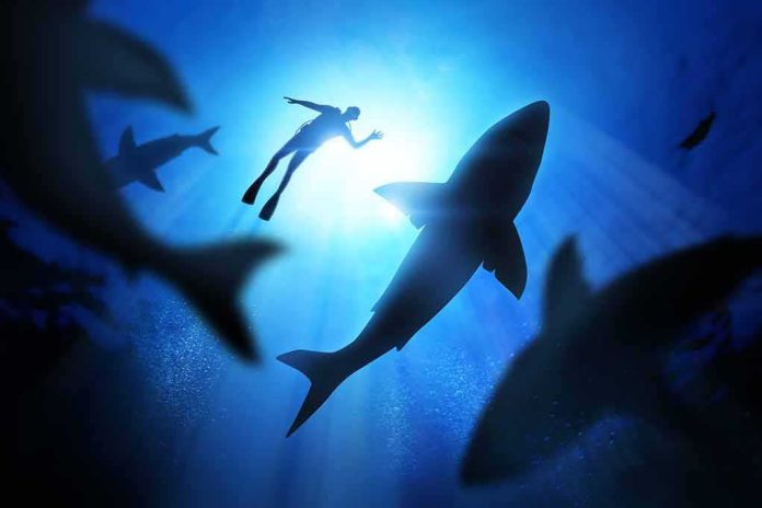 Diver surrounded by sharks in deep blue water